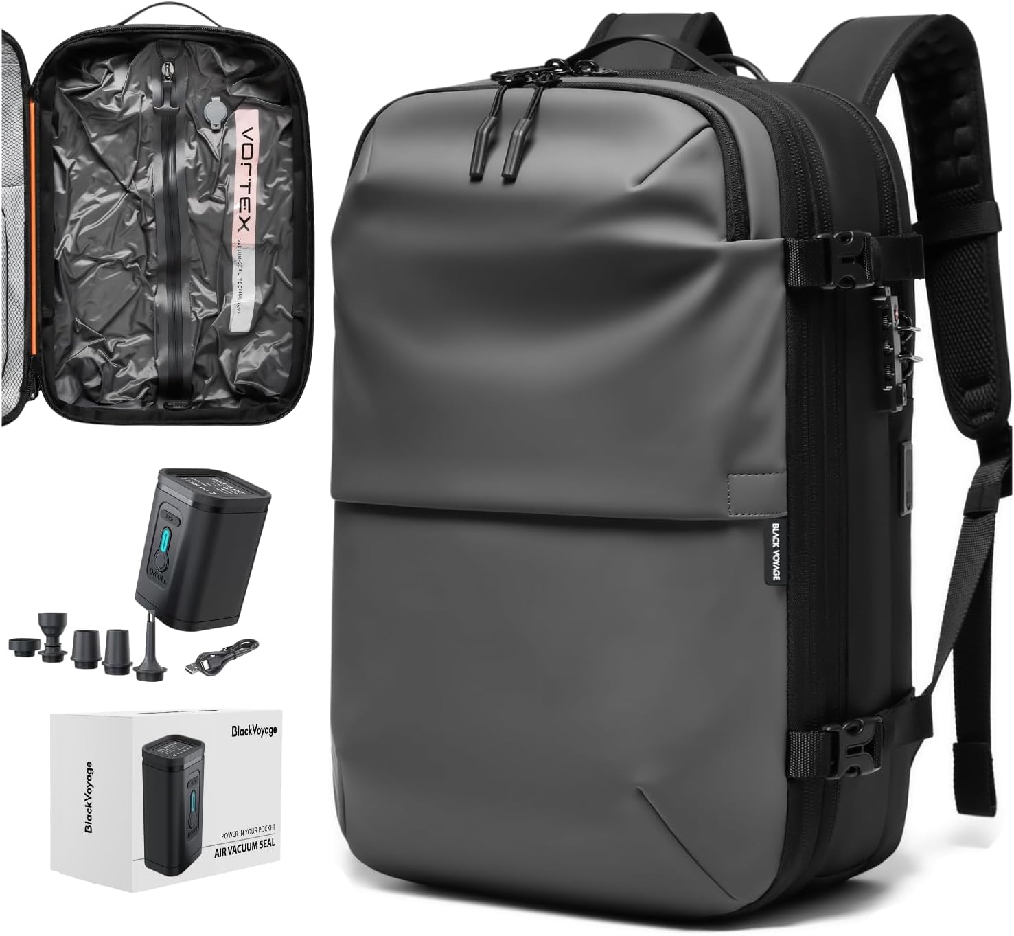 BlackVoyage Vortex Vacuum Seal Travel Backpack 60L Expandable Air Compression System Water Resistant TSA Lock Carry-On Suitcase Luggage Black Zephyr - Vacuum Pump Included