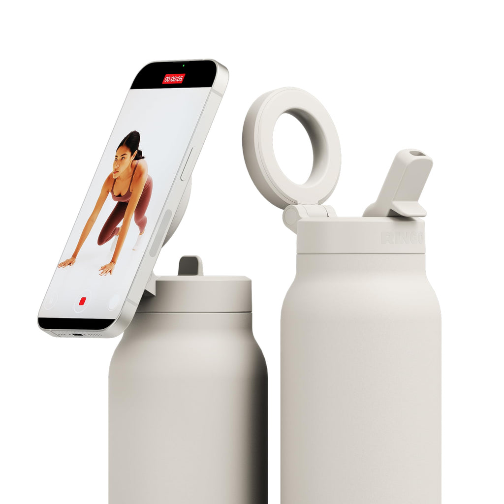 Ringo PRO Water Bottle with Magnetic Phone Mount & Sip Straw Lid - Insulated Stainless Steel Bottle for Workouts, Content Creation, Navigation & Facetime on the Go, 12Hrs Hot/24Hrs Cold Black-24oz