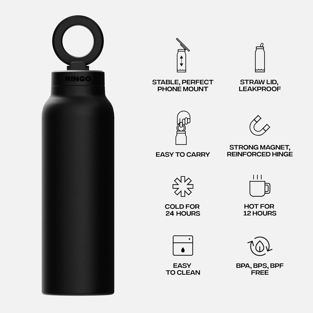 Ringo PRO Water Bottle with Magnetic Phone Mount & Sip Straw Lid - Insulated Stainless Steel Bottle for Workouts, Content Creation, Navigation & Facetime on the Go, 12Hrs Hot/24Hrs Cold Black-24oz