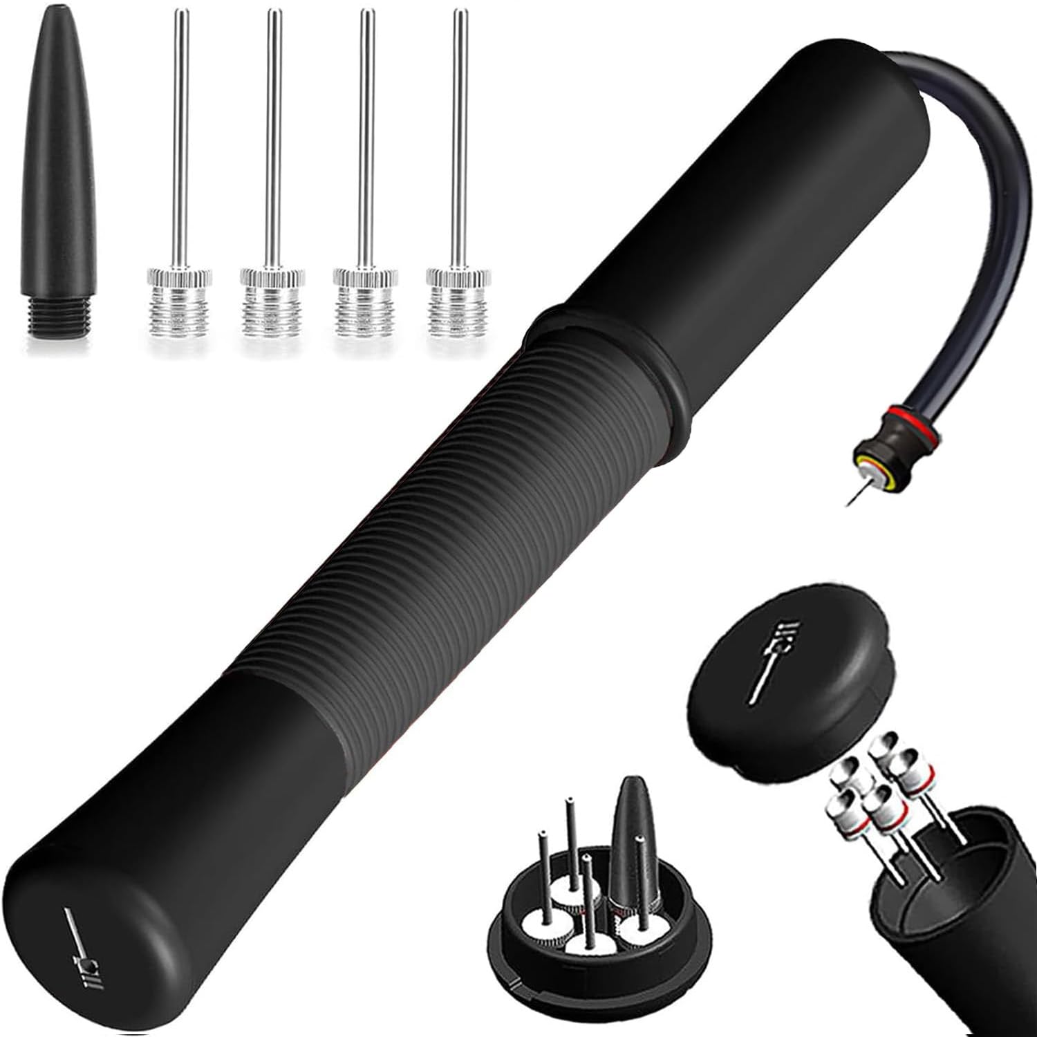 Ball Pump with Needle Storage(Never Lose Pin) Basketball Pump with 5 Needles and Extendable Cable, Soccer Football Pumps, Volleyball Pump Rugby Ball Inflator - Great for All Balls