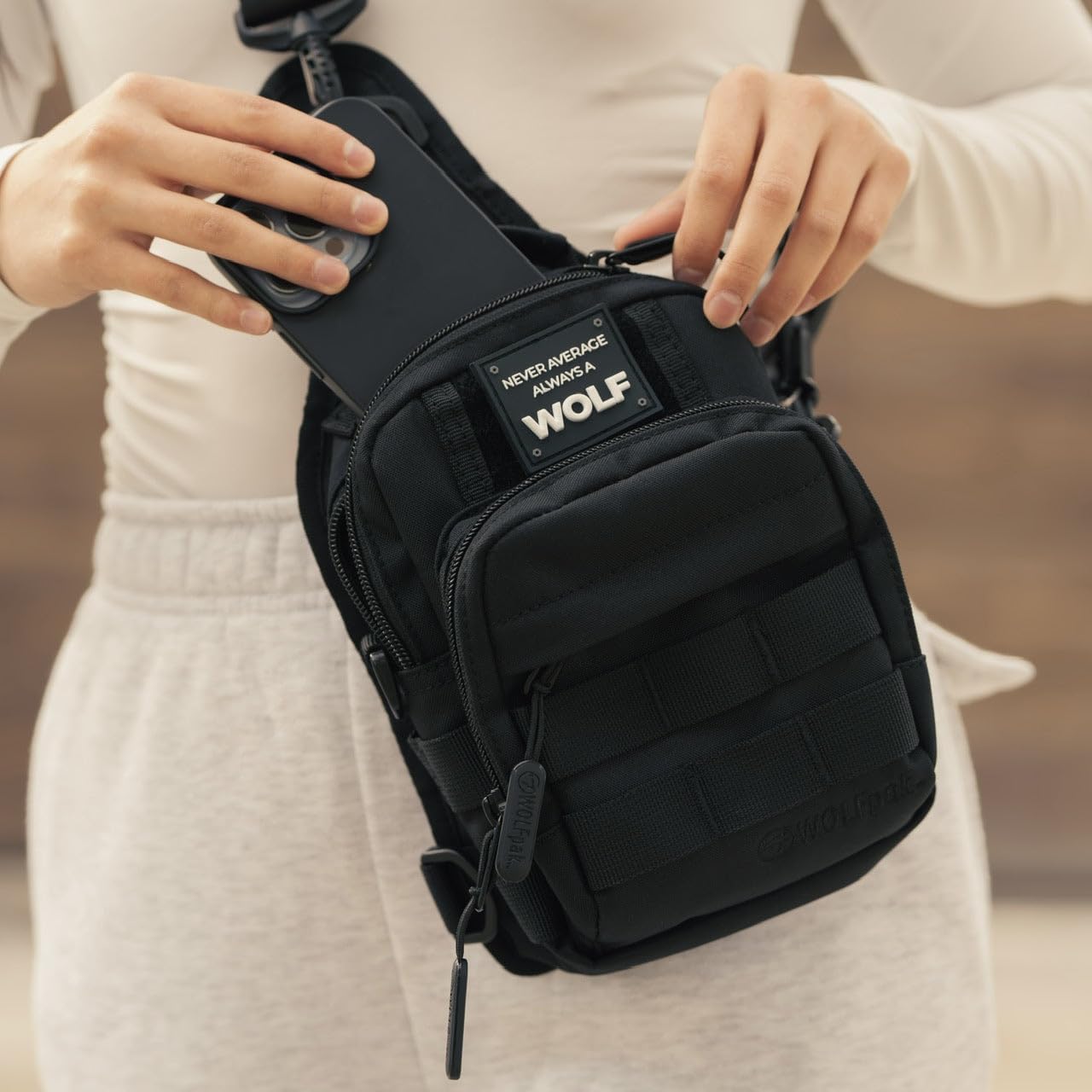 WOLFpak 4L Mini Tactical Sling Bag (Alpha Black) Compact Crossbody Backpack for Gym, Travel & EDC | Tactical Shoulder Bag with Multiple Pockets – Lightweight, Durable Sling Pack for Men & Women