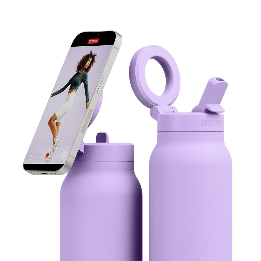 Ringo PRO Water Bottle with Magnetic Phone Mount & Sip Straw Lid - Insulated Stainless Steel Bottle for Workouts, Content Creation, Navigation & Facetime on the Go, 12Hrs Hot/24Hrs Cold Black-24oz