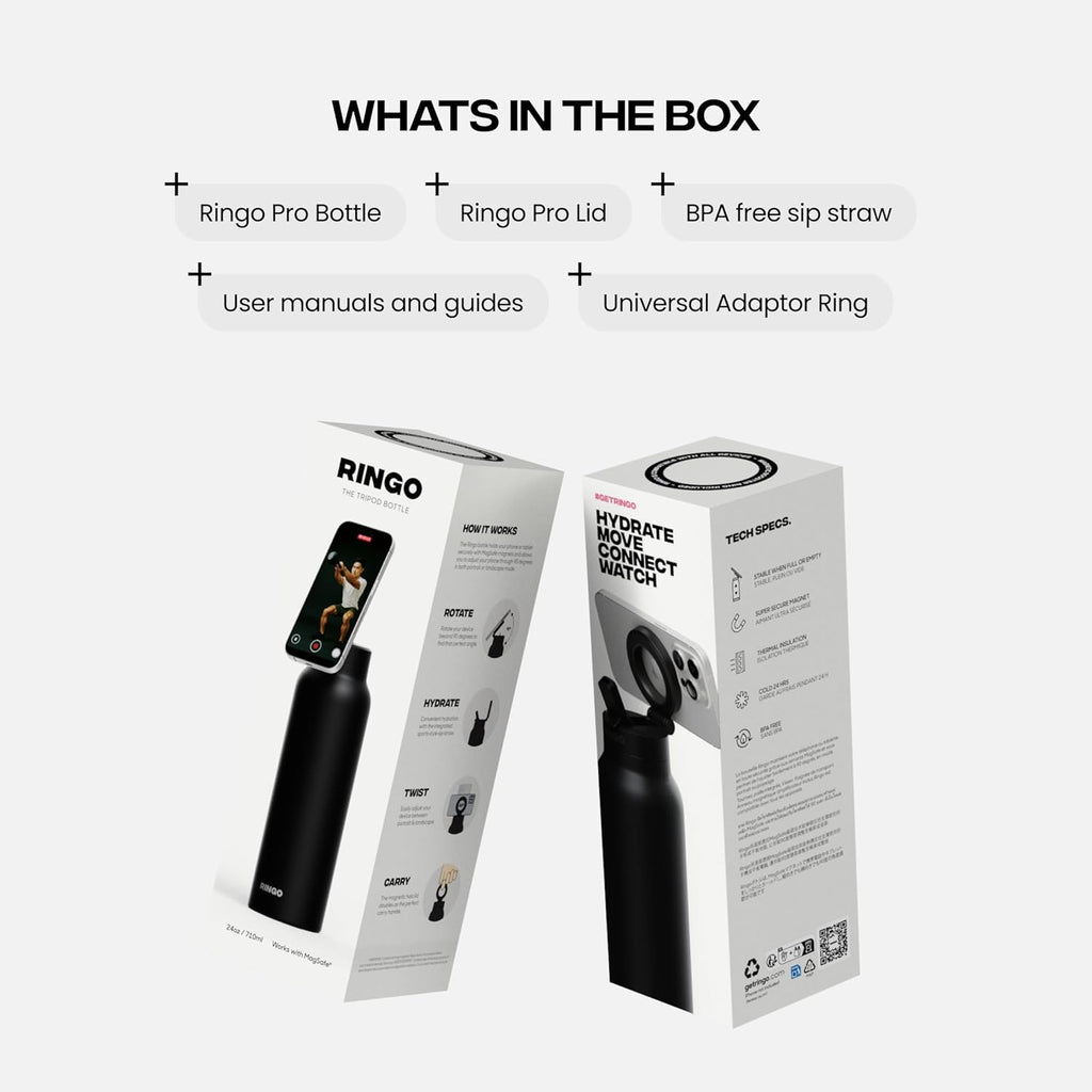 Ringo PRO Water Bottle with Magnetic Phone Mount & Sip Straw Lid - Insulated Stainless Steel Bottle for Workouts, Content Creation, Navigation & Facetime on the Go, 12Hrs Hot/24Hrs Cold Black-24oz
