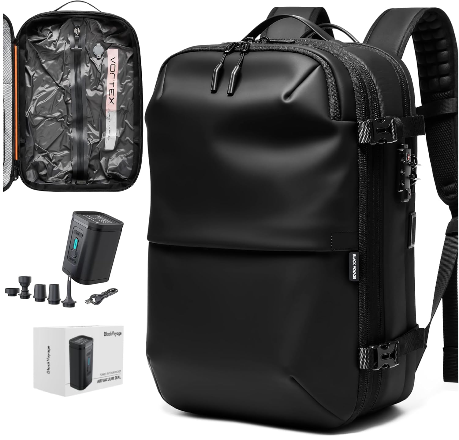 BlackVoyage Vortex Vacuum Seal Travel Backpack 60L Expandable Air Compression System Water Resistant TSA Lock Carry-On Suitcase Luggage Black AERO - Vacuum Pump Included
