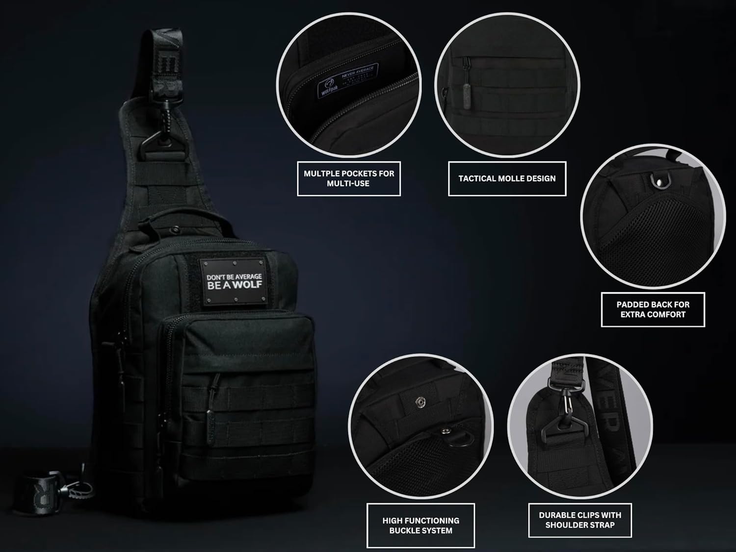 WOLFpak 4L Mini Tactical Sling Bag (Alpha Black) Compact Crossbody Backpack for Gym, Travel & EDC | Tactical Shoulder Bag with Multiple Pockets – Lightweight, Durable Sling Pack for Men & Women