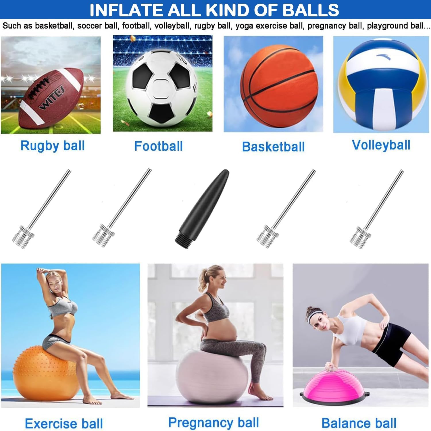 Ball Pump with Needle Storage(Never Lose Pin) Basketball Pump with 5 Needles and Extendable Cable, Soccer Football Pumps, Volleyball Pump Rugby Ball Inflator - Great for All Balls