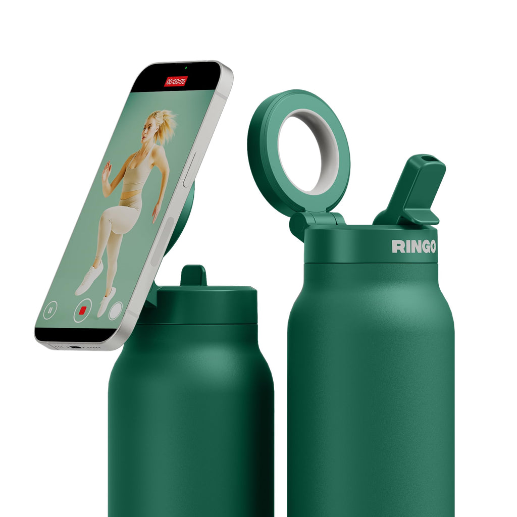 Ringo PRO Water Bottle with Magnetic Phone Mount & Sip Straw Lid - Insulated Stainless Steel Bottle for Workouts, Content Creation, Navigation & Facetime on the Go, 12Hrs Hot/24Hrs Cold Black-24oz