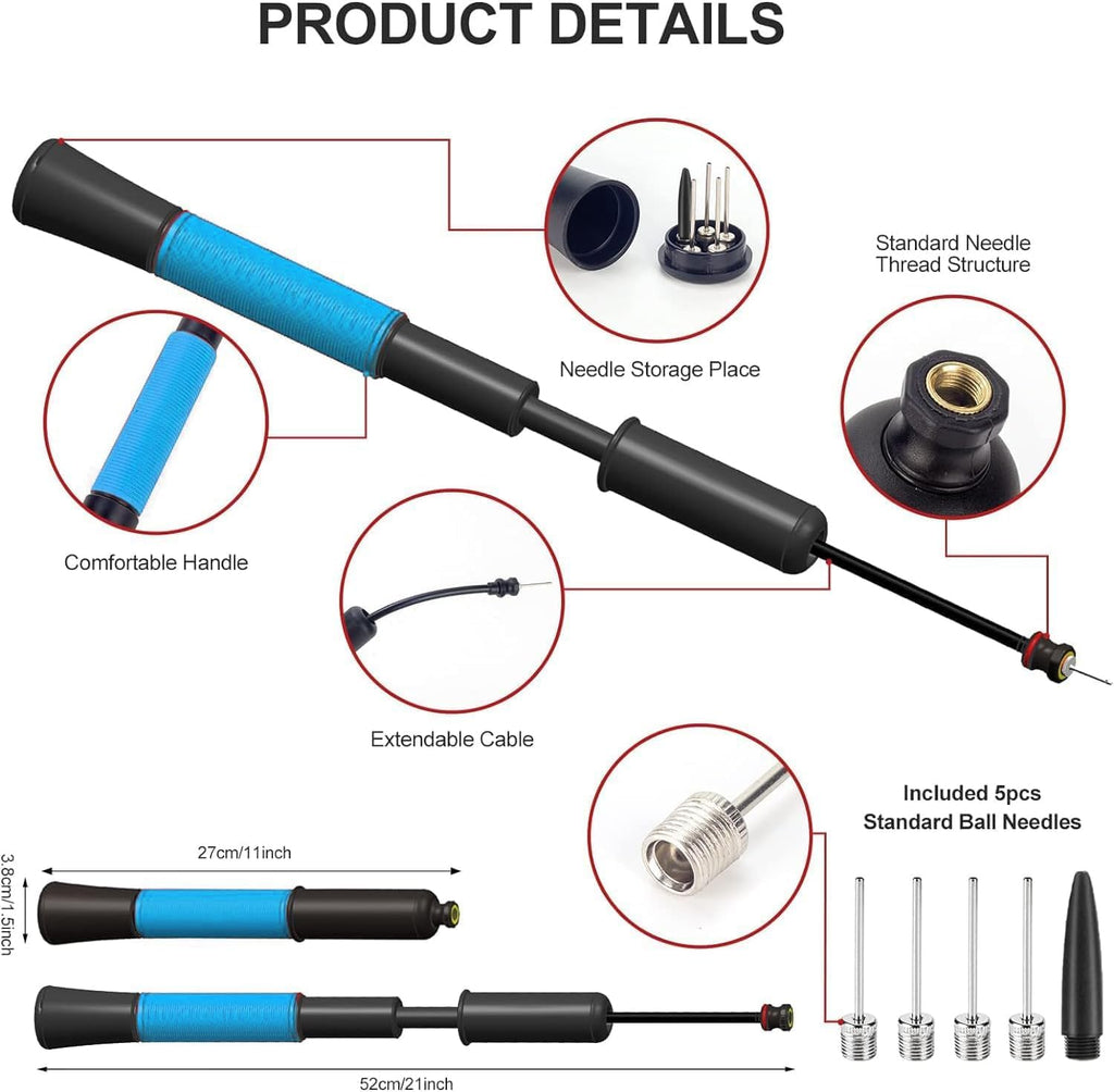 Ball Pump with Needle Storage(Never Lose Pin) Basketball Pump with 5 Needles and Extendable Cable, Soccer Football Pumps, Volleyball Pump Rugby Ball Inflator - Great for All Balls