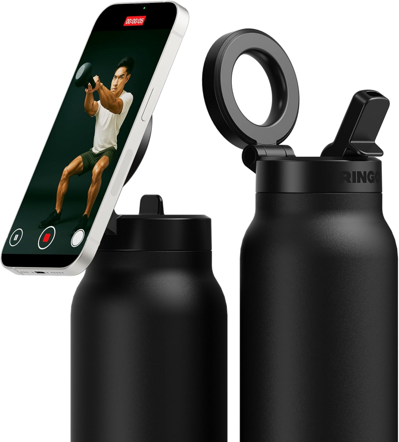 Ringo PRO Water Bottle with Magnetic Phone Mount & Sip Straw Lid - Insulated Stainless Steel Bottle for Workouts, Content Creation, Navigation & Facetime on the Go, 12Hrs Hot/24Hrs Cold Black-24oz