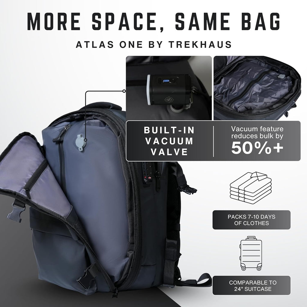Vacuum Compression Travel Backpack Carry-On Flight Approved | 36–59L Expandable Personal-Item Size Bag with Built-in Vacuum Valve, TSA Lock, Laptop Sleeve, Waterproof Shell | Fits Under Airline Seats