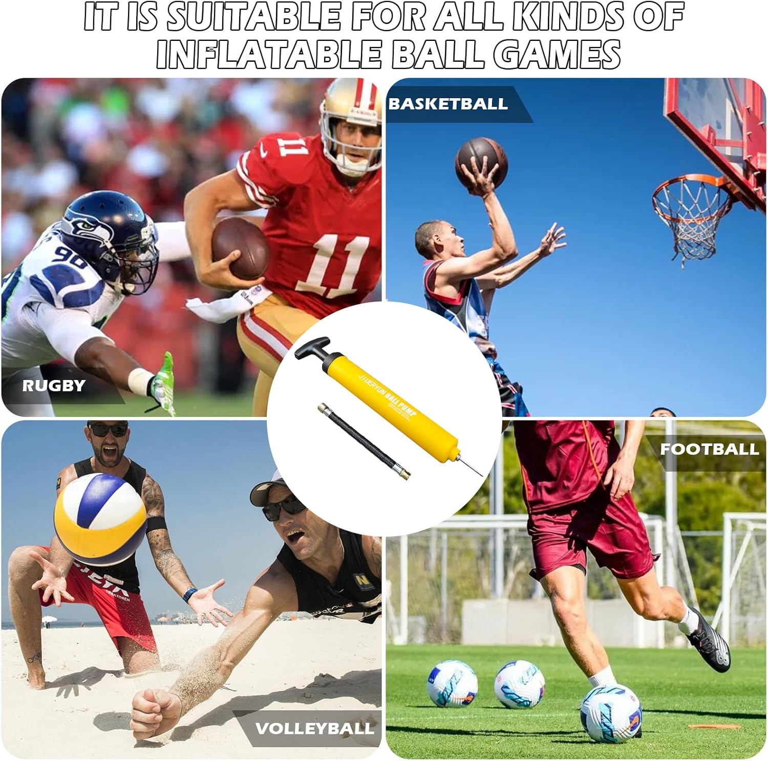 Sports Ball Pump Inflator with 5 Needles (Pin), Dual Action Hand Held Portable Air Pump with pins to Inflate Soccer Ball, Football, Volleyball, Rugby, Netball & Basketball