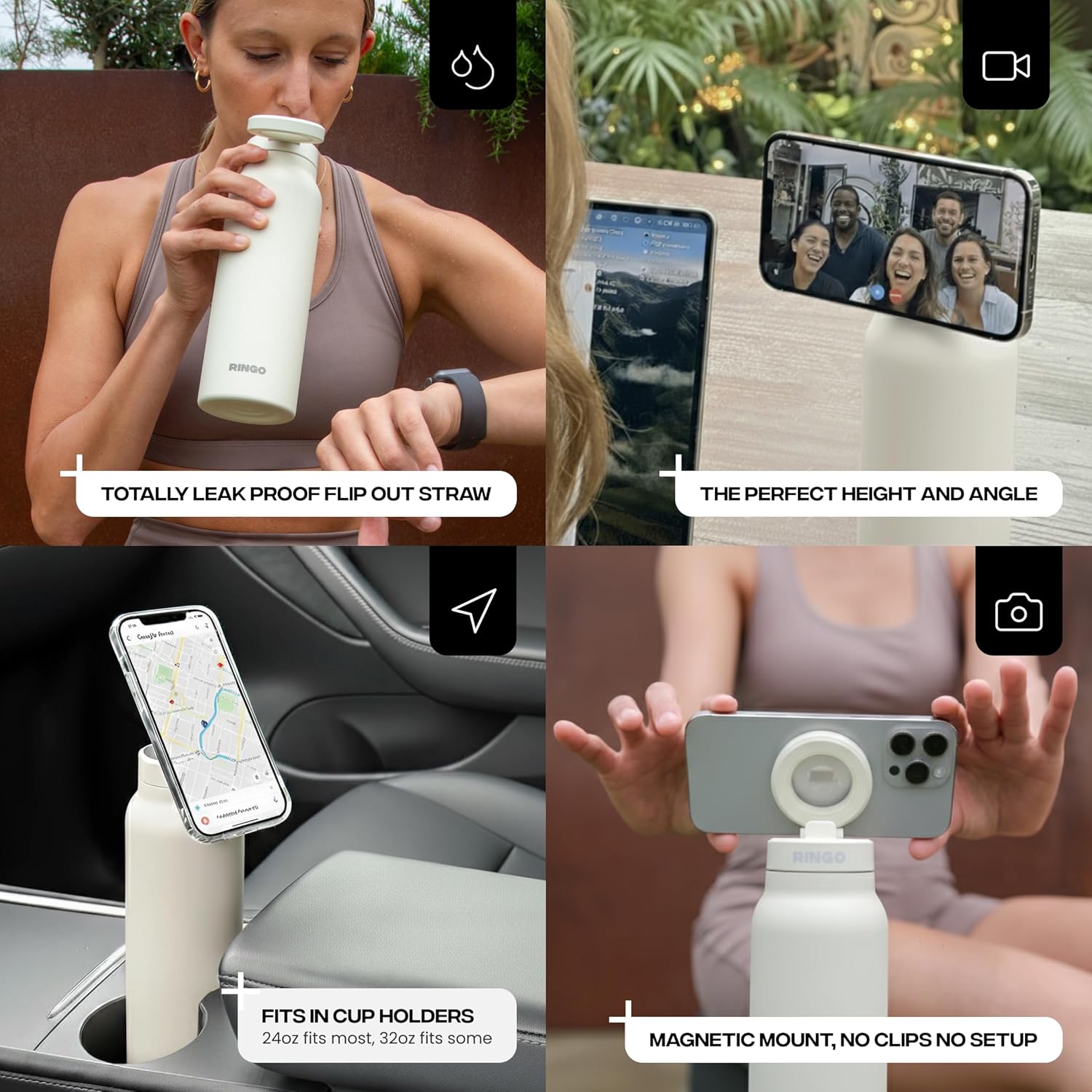 Ringo PRO Water Bottle with Magnetic Phone Mount & Sip Straw Lid - Insulated Stainless Steel Bottle for Workouts, Content Creation, Navigation & Facetime on the Go, 12Hrs Hot/24Hrs Cold Black-24oz