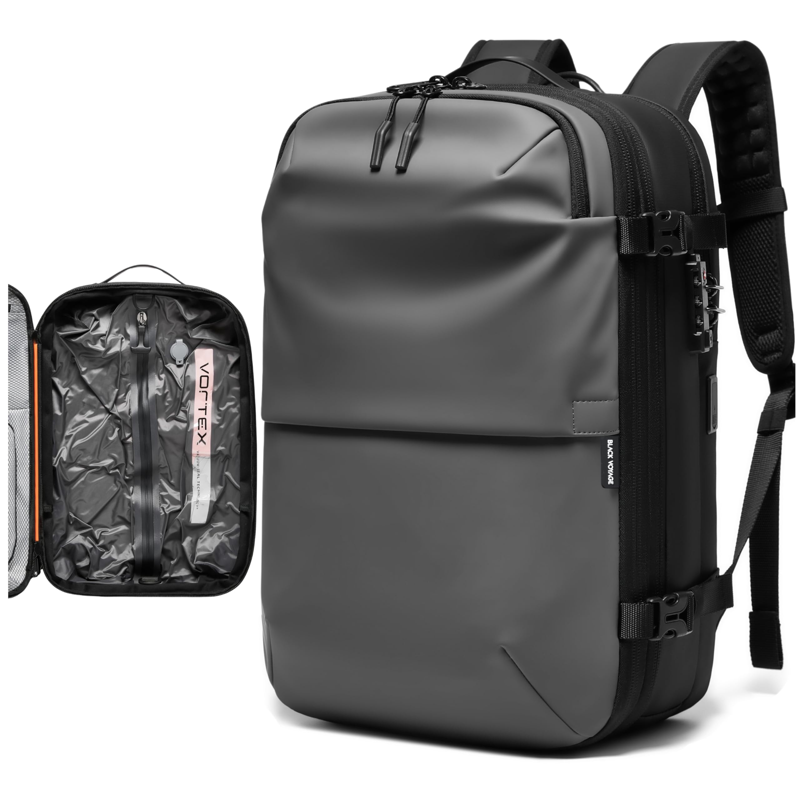 BlackVoyage Vortex Vacuum Seal Travel Backpack 60L Expandable Air Compression System Water Resistant TSA Lock Carry-On Suitcase Luggage Black Zephyr - Vacuum Pump Included