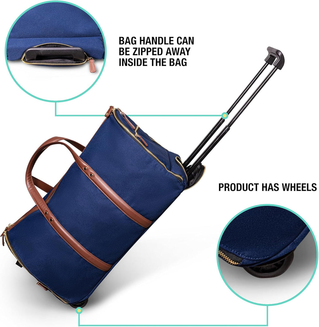 Convertible Rolling Duffel Carry On - Kendall Country Garment Weekender Bag with Wheels and Handle Shoe Pouch Convertible Garment Bag for Travel Midnight Blue, 20 inch