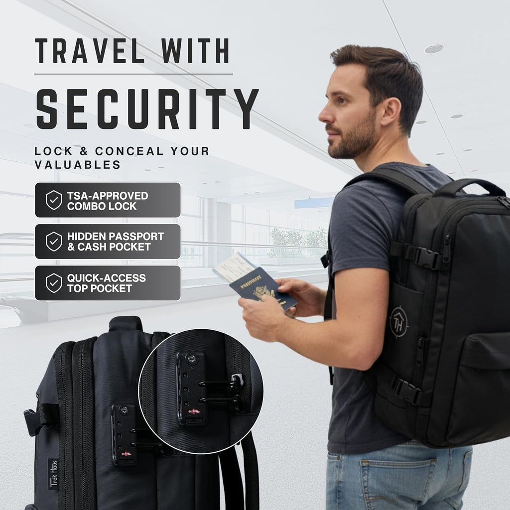 Vacuum Compression Travel Backpack Carry-On Flight Approved | 36–59L Expandable Personal-Item Size Bag with Built-in Vacuum Valve, TSA Lock, Laptop Sleeve, Waterproof Shell | Fits Under Airline Seats