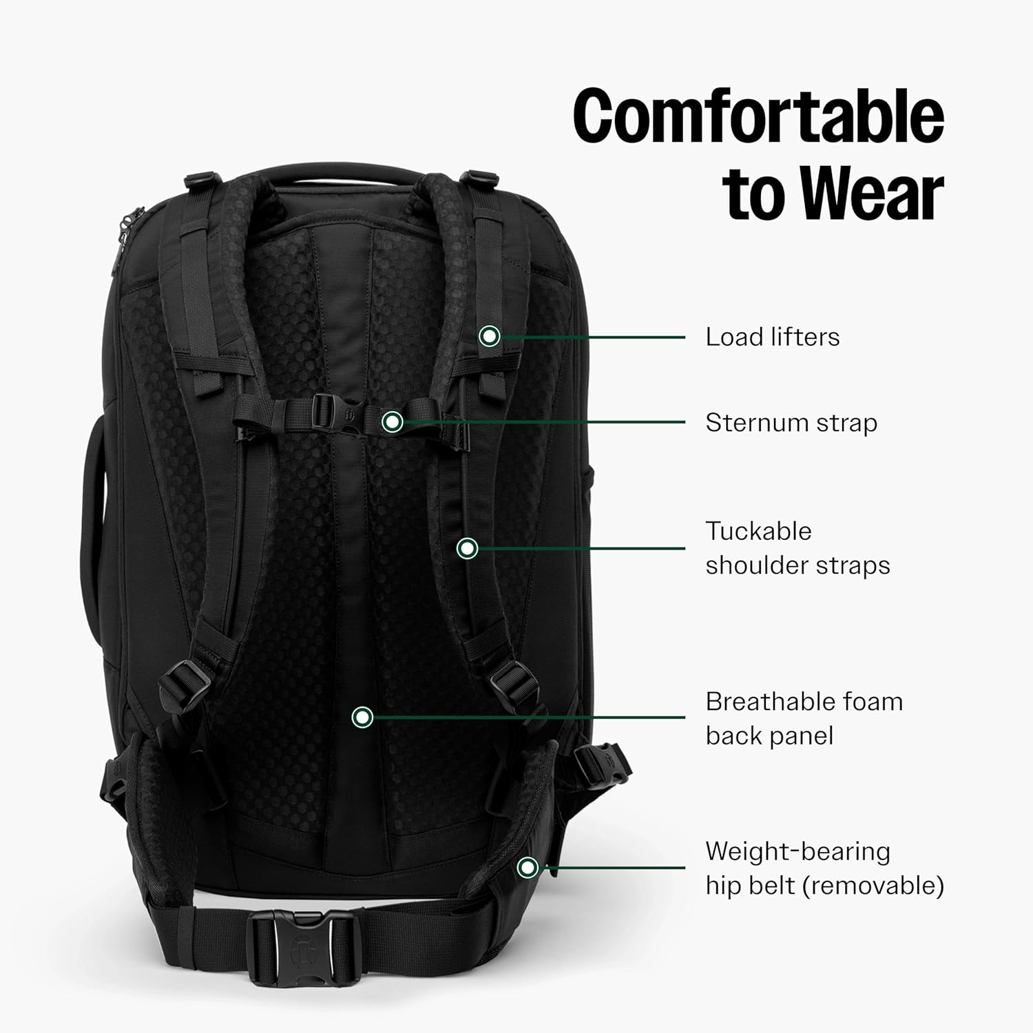 Tortuga 40L Travel Backpack Lite, Black - Large Carry-On Travel Backpack for Men and Women - Durable, Comfortable, Easy to Pack, Airline-Approved Bag with Laptop Compartment